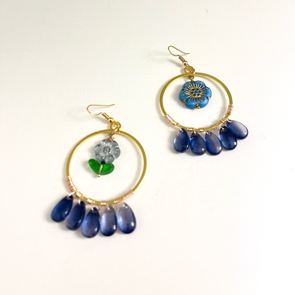 Floral Blue and Gold Hoop Dangle Earrings Handcrafted